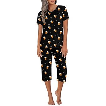 Ekouaer Women's Sleepwear Capri Pajama Sets Short Sleeve 2 pc Pjs V Neck Tops & Capri Pants