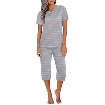 Ekouaer Women's Sleepwear Capri Pajama Sets Short Sleeve 2 pc Pjs V Neck Tops & Capri Pants