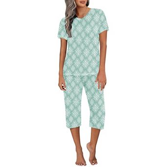 Ekouaer Women's Sleepwear Capri Pajama Sets Short Sleeve 2 pc Pjs V Neck Tops & Capri Pants