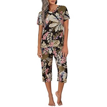 Ekouaer Women's Sleepwear Capri Pajama Sets Short Sleeve 2 pc Pjs V Neck Tops & Capri Pants