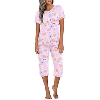 Ekouaer Women's Sleepwear Capri Pajama Sets Short Sleeve 2 pc Pjs V Neck Tops & Capri Pants