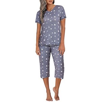 Ekouaer Women's Sleepwear Capri Pajama Sets Short Sleeve 2 pc Pjs V Neck Tops & Capri Pants