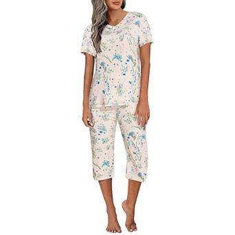 Ekouaer Women's Sleepwear Capri Pajama Sets Short Sleeve 2 pc Pjs V Neck Tops & Capri Pants