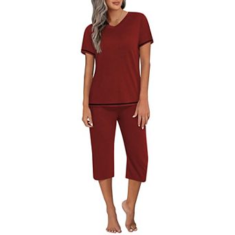 Ekouaer Women's Sleepwear Capri Pajama Sets Short Sleeve 2 pc Pjs V Neck Tops & Capri Pants