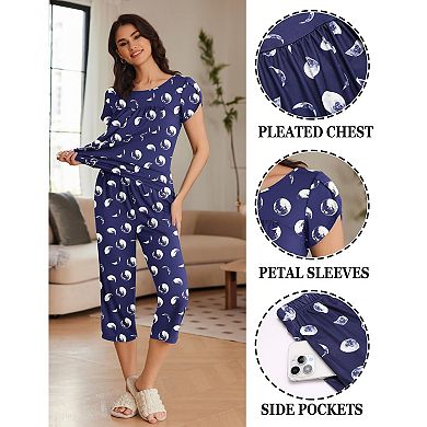 Ekouaer Women's Short Sleeve Pleated Top & Capri Pajama Pants Set