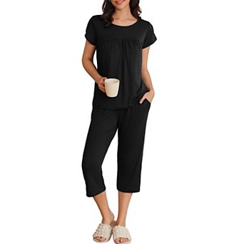 Ekouaer Womens Capri Pajama Set Short Sleeve Pjs Pleated Top with Capri Pants Sleepwear Lounge Set