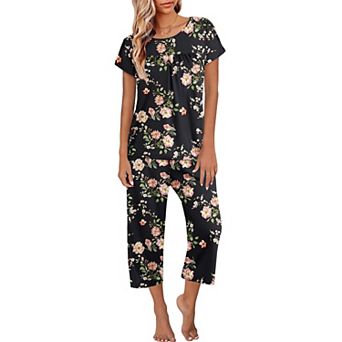 Ekouaer Women's Short Sleeve Pleated Top & Capri Pajama Pants Set