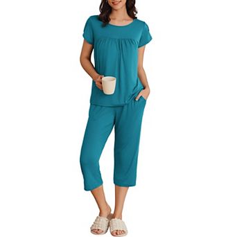 Ekouaer Women's Short Sleeve Pleated Top & Capri Pajama Pants Set