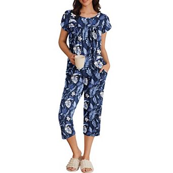Ekouaer Women's Short Sleeve Pleated Top & Capri Pajama Pants Set