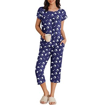 Ekouaer Women's Short Sleeve Pleated Top & Capri Pajama Pants Set