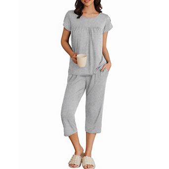 Ekouaer Women's Short Sleeve Pleated Top & Capri Pajama Pants Set