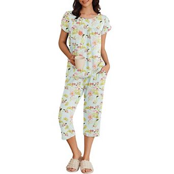 Ekouaer Women's Short Sleeve Pleated Top & Capri Pajama Pants Set