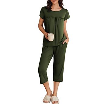 Ekouaer Womens Capri Pajama Set Short Sleeve Pjs Pleated Top with Capri Pants Sleepwear Lounge Set