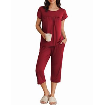 Ekouaer Womens Capri Pajama Set Short Sleeve Pjs Pleated Top with Capri Pants Sleepwear Lounge Set