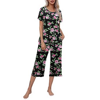 Ekouaer Women's Lettuce-Trim Short Sleeve Top & Capri Pajama Set