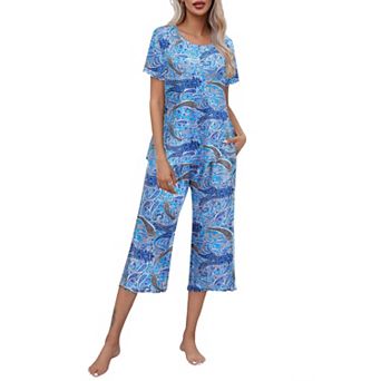 Ekouaer Women's Pajamas Set Short Sleeve Top With Capri Pants Pjs Lounge & Sleepwear Set