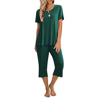 Ekouaer Women's Lettuce-Trim Short Sleeve Top & Capri Pajama Set