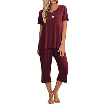 Ekouaer Women's Pajamas Set Short Sleeve Top With Capri Pants Pjs Lounge & Sleepwear Set
