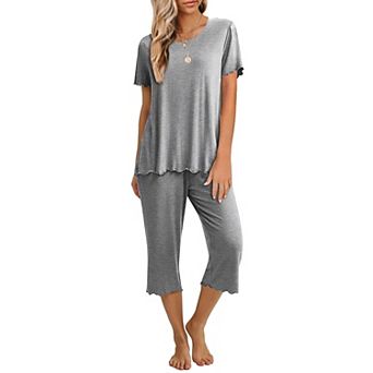 Ekouaer Women's Pajamas Set Short Sleeve Top With Capri Pants Pjs Lounge & Sleepwear Set