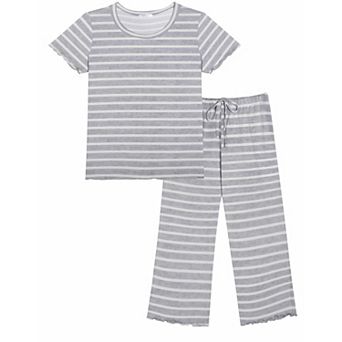 Ekouaer Women's Lettuce-Trim Short Sleeve Top & Capri Pajama Set