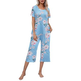 Ekouaer Women's Lettuce-Trim Short Sleeve Top & Capri Pajama Set