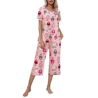 Ekouaer Women's Pajamas Set Short Sleeve Top With Capri Pants Pjs Lounge & Sleepwear Set