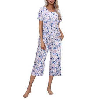 Ekouaer Women's Lettuce-Trim Short Sleeve Top & Capri Pajama Set
