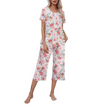 Ekouaer Women's Lettuce-Trim Short Sleeve Top & Capri Pajama Set