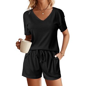 Ekouaer Womens Ribbed Knit Lounge Set Short Sleeve Top and Shorts Sleepwear Pajama Set
