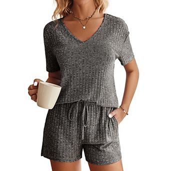 Ekouaer Womens Ribbed Knit Lounge Set Short Sleeve Top and Shorts Sleepwear Pajama Set