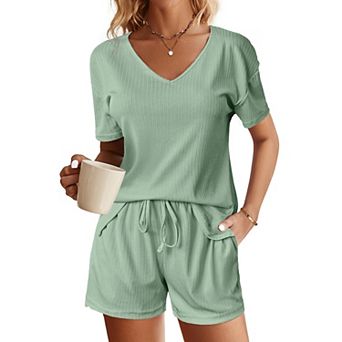Ekouaer Womens Ribbed Knit Lounge Set Short Sleeve Top and Shorts Sleepwear Pajama Set