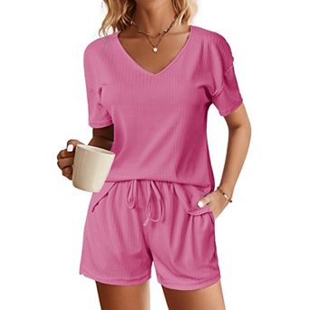 Ekouaer Womens Ribbed Knit Lounge Set Short Sleeve Top and Shorts Sleepwear Pajama Set