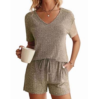 Ekouaer Womens Ribbed Knit Lounge Set Short Sleeve Top and Shorts Sleepwear Pajama Set