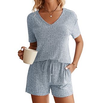 Ekouaer Womens Ribbed Knit Lounge Set Short Sleeve Top and Shorts Sleepwear Pajama Set