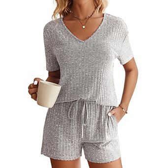 Ekouaer Womens Ribbed Knit Lounge Set Short Sleeve Top and Shorts Sleepwear Pajama Set