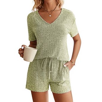 Ekouaer Womens Ribbed Knit Lounge Set Short Sleeve Top and Shorts Sleepwear Pajama Set