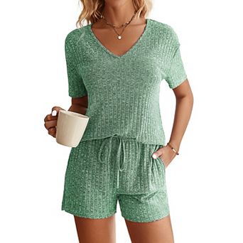 Ekouaer Womens Ribbed Knit Lounge Set Short Sleeve Top and Shorts Sleepwear Pajama Set