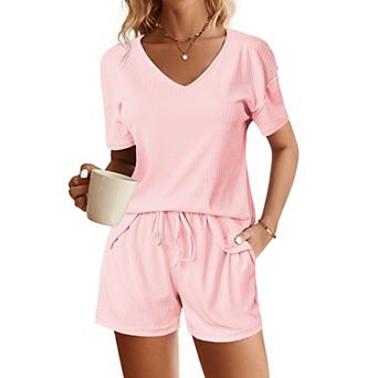 Ekouaer Womens Ribbed Knit Lounge Set Short Sleeve Top and Shorts Sleepwear Pajama Set