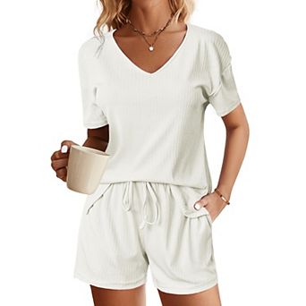 Ekouaer Womens Ribbed Knit Lounge Set Short Sleeve Top and Shorts Sleepwear Pajama Set