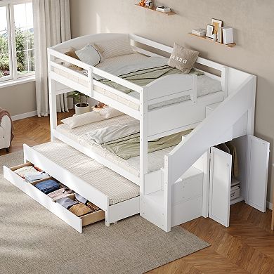 Merax Bunk Bed with Trundle & Storage Staircase, Solid Wood Triple Bunk Bed with 3 Drawers
