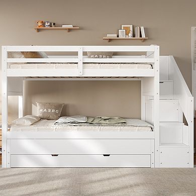 Merax Bunk Bed with Trundle & Storage Staircase, Solid Wood Triple Bunk Bed with 3 Drawers
