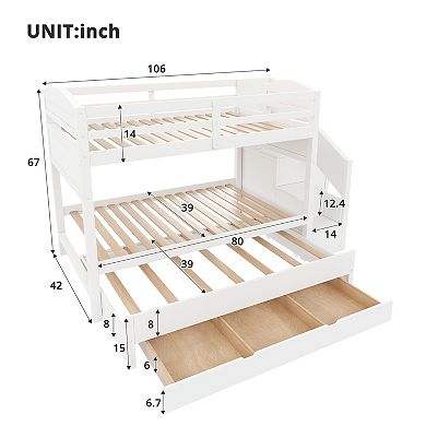 Merax Bunk Bed with Trundle & Storage Staircase, Solid Wood Triple Bunk Bed with 3 Drawers