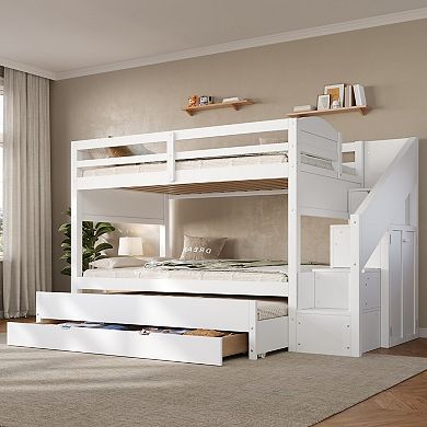 Merax Bunk Bed with Trundle & Storage Staircase, Solid Wood Triple Bunk Bed with 3 Drawers