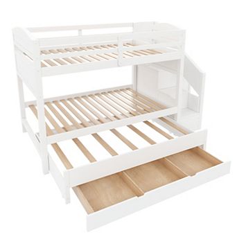 Merax Bunk Bed with Trundle & Storage Staircase, Solid Wood Triple Bunk Bed with 3 Drawers