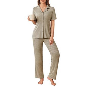Ekouaer Women's Pajama set Rib Knit Pajamas Button Up Lounge Sets