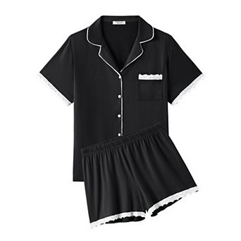 Ekouaer Womens Short Sleeve Pajamas Set Soft Sleepwear Button Down Lounge Set Lace Top and Shorts