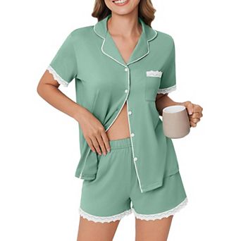 Ekouaer Womens Short Sleeve Pajamas Set Soft Sleepwear Button Down Lounge Set Lace Top and Shorts