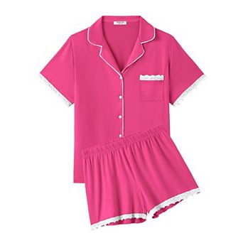 Ekouaer Womens Short Sleeve Pajamas Set Soft Sleepwear Button Down Lounge Set Lace Top and Shorts