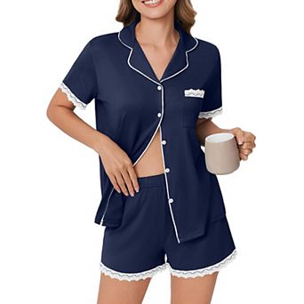 Ekouaer Womens Short Sleeve Pajamas Set Soft Sleepwear Button Down Lounge Set Lace Top and Shorts