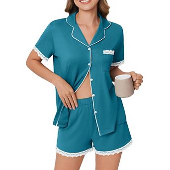 Ekouaer Womens Short Sleeve Pajamas Set Soft Sleepwear Button Down Lounge Set Lace Top and Shorts